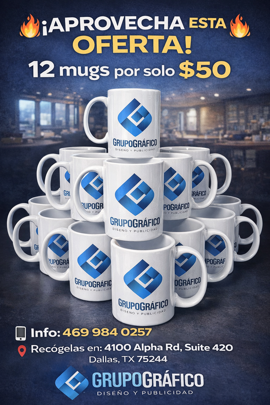 12 mugs blancas con el logo de tu compañía